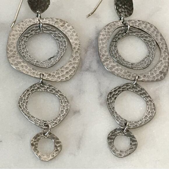 Signed M Sterling Silver 3in Long Dangle Drop Hammered Abstract Circle Earrings - Picture 9 of 14